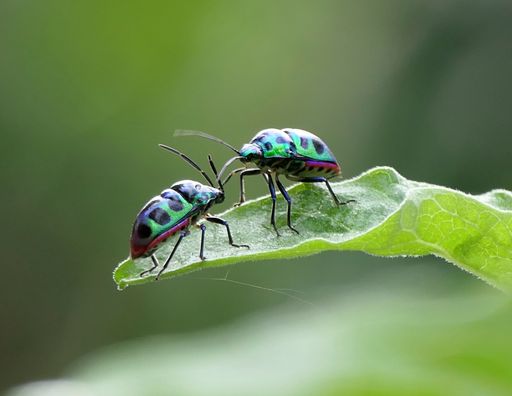 Close-up of two colorful beetles on a green leaf against a blurred background.