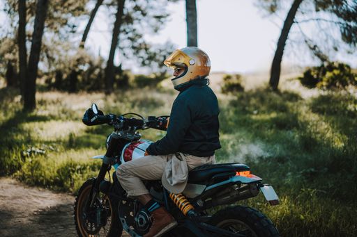 A person wearing a gold helmet sits on a motorcycle in a sunlit forest clearing.