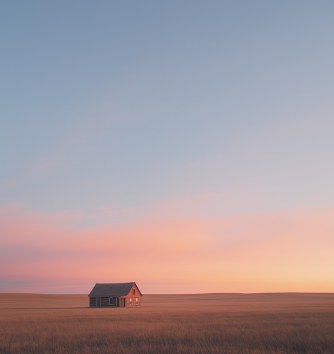 A wooden house on a golden field under a pink and blue sunset sky
