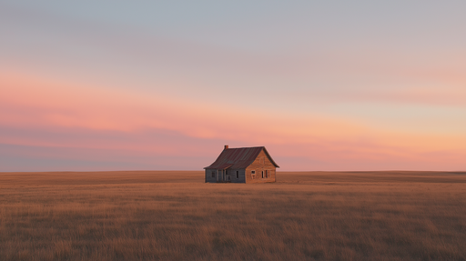 A wooden house on a golden field under a pink and blue sunset sky