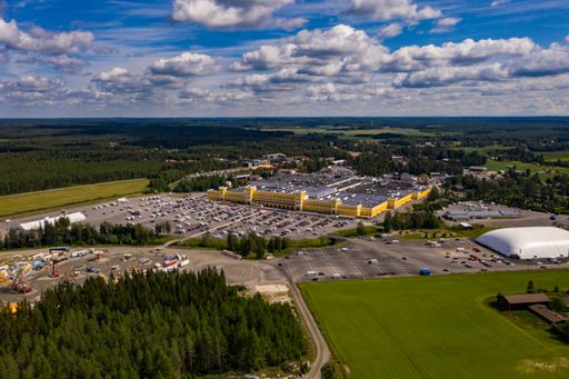 Aerial drone view of the Keskisen kylakauppa shopping mall in Tuuri, Finland