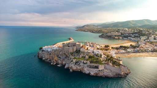 An aerial shot from Peniscola, Spain, Back Castle