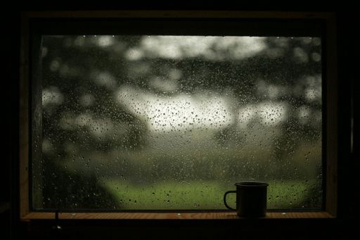 A cozy scene of a rainy day viewed through a window with raindrops and a mug on the sill.