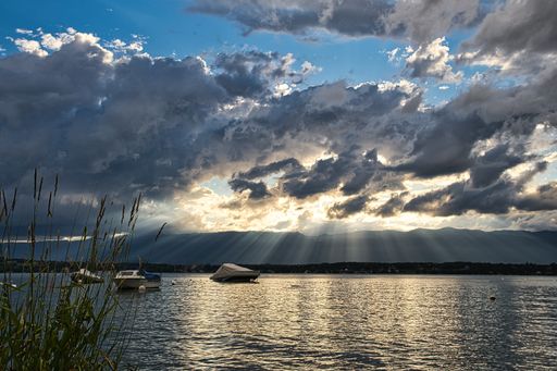 A beautiful view of yachts on the lake with sun rays background in Geneva, Switzerland
