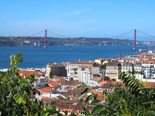 An aerial view of Lisbon city with red 25 April bridge and Tejo river in Portugal