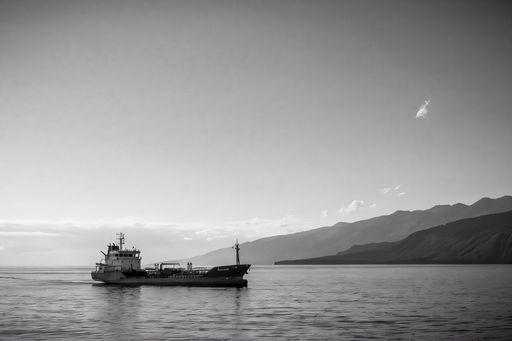 Black and white image of a cargo ship sailing near a mountainous coastline with a clear sky.