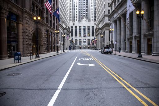 The Financial District of downtown Chicago is completely empty due to the government shutdown caused the pandemic of Corona virus Covid-19