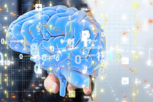 A digital human brain render with a connected network of binary code- artificial intelligence concept