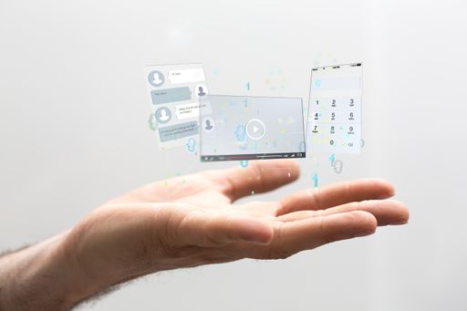 A 3d rendered virtual interface of chat and call web applications on hand