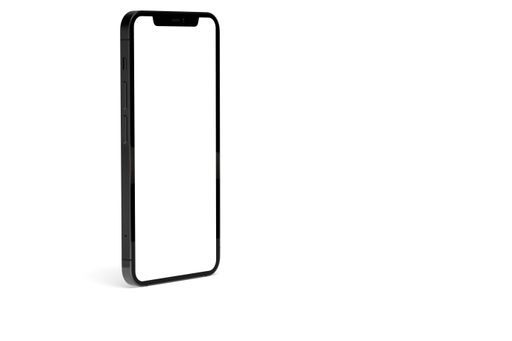 A smartphone with a blank copy space screen isolated on a white background
