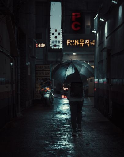 A vertical shot of a person walking down the streets of Busan with an umbrella during the rain at night