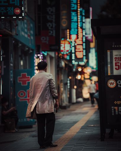 A shallow focus shot of a man standing on a South Korean street at night