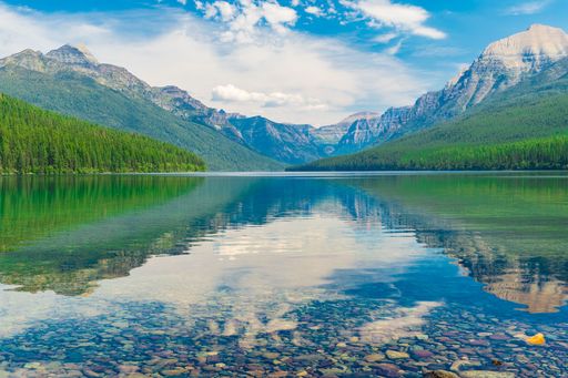 A Scenic view of Bowman lake with clear water reflecting mountains and sky, surrounded by lush forests in Glacier National Park.
