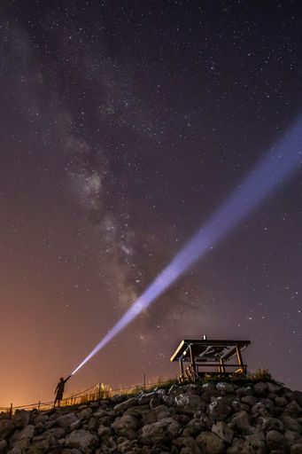 A vertical shot of a person holding a flashlight upwards, towards the Milky Way in the night sky