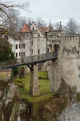 A picturesque view of Schloss Lichtenstein, a historic castle in southern Germany.