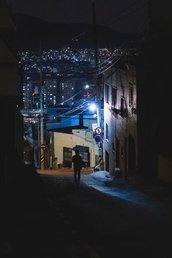 A vertical shot of a man walks to the night street in South Korea