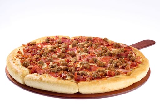 Close-up of a delicious meat pizza on a wooden paddle, featuring pepperoni, sausage, and bacon, isolated on a white background.