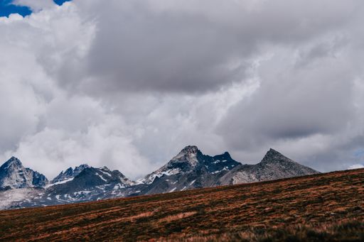 A field with snow capped mountains in the background at the Gran Paradiso National Park in the Italian Alps