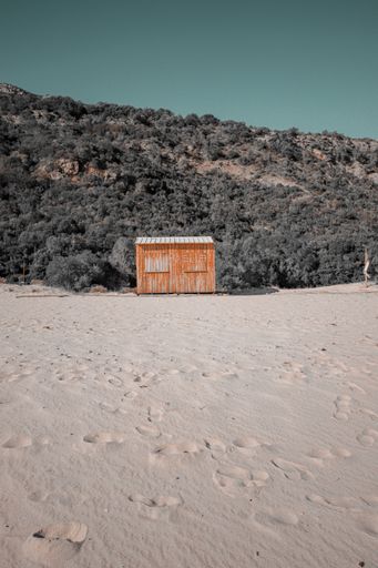 A vertical shot of a wooden cabin in the seashore