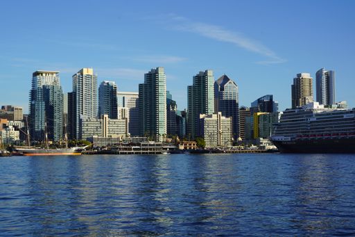 San Diego skyline with skyscrapers and a cruise ship by the dock under a clear blue sky