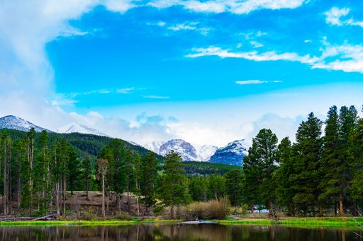 Scenic view of Rocky Mountain National Park with snow-capped peaks and lush green forest reflected in a tranquil lake under a vibrant blue sky.