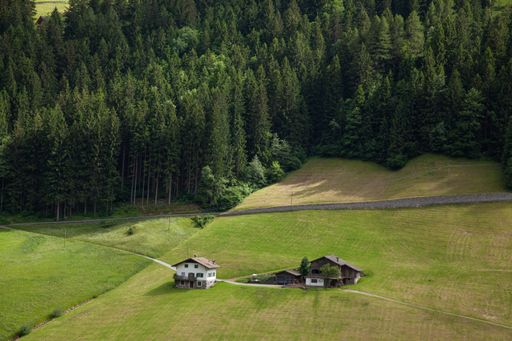 Rural houses in high mountains with coniferous forests, meadows and peaks