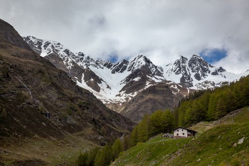 Rural houses in high mountains with coniferous forests, meadows and peaks