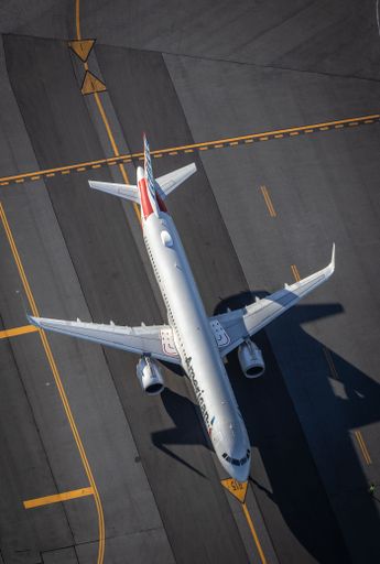 Aerial top-down view of an American Airlines plane taxiing at an airport