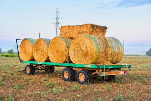 A closeup shot of bales of straw on the car in the field