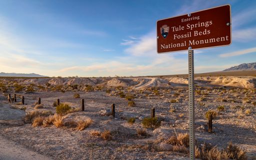 A sign post announces the entrance to Tule Springs Fossil Beds National Monument, a new protected space in Clark County, Nevada.