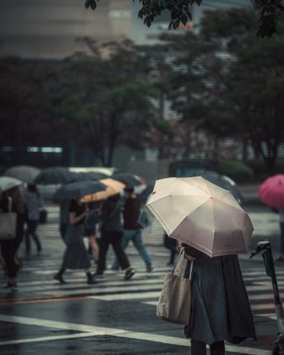 A group of people with umbrellas crossing the streets of Busan on a rainy day in South Korea