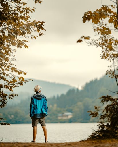 A rear view of a cool male in a blue jacket and a hat looking at the beautiful calm lake in autumn