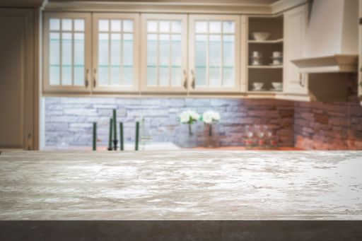 Wooden table and modern kitchen backround ready for product, food display or montage