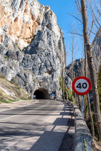 A vertical closeup shot of a road in the mountains with a road sign "40" speed limit