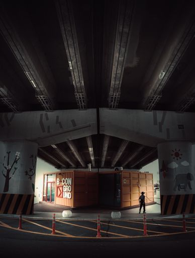 A vertical shot of a street construction under a bridge