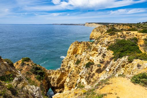 A landscape of Algarve coastline from Ponta da Piedade looking toward Cape Sagres, Portugal