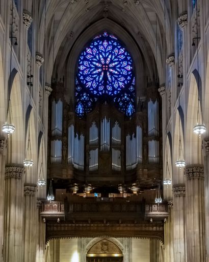 Interior of a grand St. Patricks cathedral showcasing a stunning stained glass rose window and majestic organ pipes, highlighting Gothic architecture.