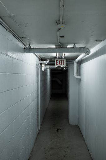 A vertical shot of a long hallway leading to the dark in an old building
