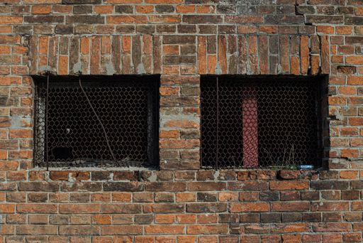 Weathered brick wall with two windows covered by wire mesh