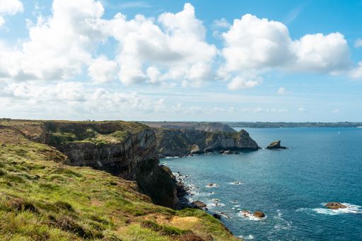 A coast next to the  a rocky, clifftop islet Fort des Capucins on the Crozon peninsula in France