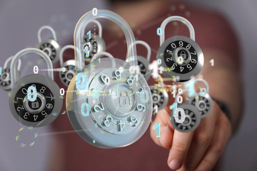 The 3D rendered padlocks with numbers with a hand pointing at them. Network security.