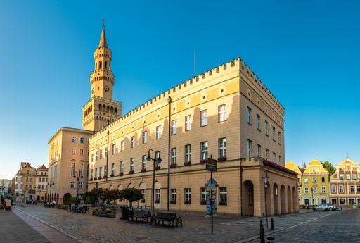 A scenic exterior view of the Town Hall in Opole, Poland