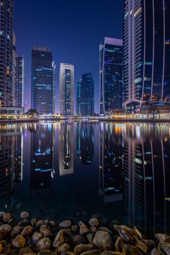 An evening view of the famous Jumeirah Lake Towers in Dubai, United Arab Emirates