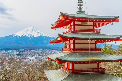 The beautiful Chureito red Pagoda with the majestic snow capped Fuji mountain in the background
