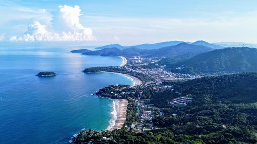 An aerial shot of a sea surrounded by a forest and buildings under the cloudy skies