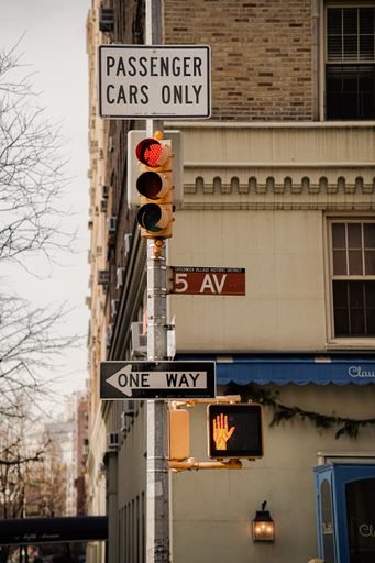 A closeup view of the 5th Ave Sign on a traffic light in New York CIty, United States