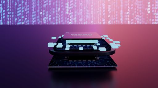 Futuristic digital illustration of a microchip with binary code in the background, symbolizing advanced technology and innovation.
