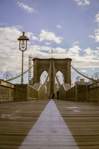 A low angle vertical shot of a Brooklyn Bridge with the skyscape view in the background