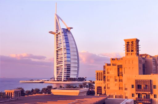 A beautiful shot of Souk Madinat Jumeirah overlooking Burj Al Arab