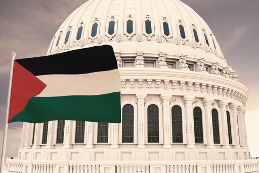 A 3D rendering of the flag of Palestine and behind it the dome of the Capitol USA